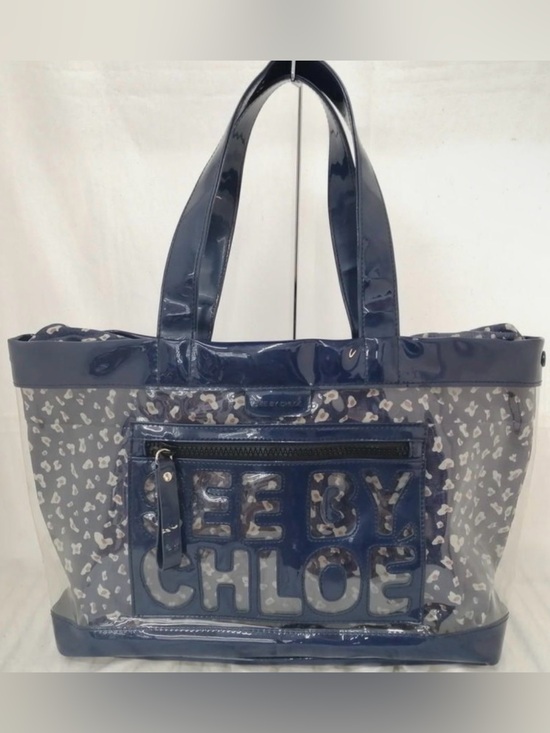See By Chloe Handbags - See By Chloe Navy Patent Trim PVC Tote with Removable Inner Drawstring Liner